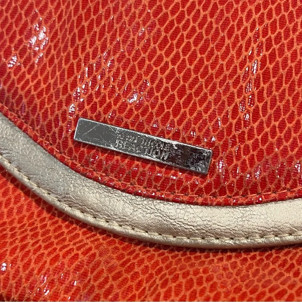 Kenneth Cole Reaction Orange Snakeskin Clutch Bag Gold Trim Metallic Envelope‎